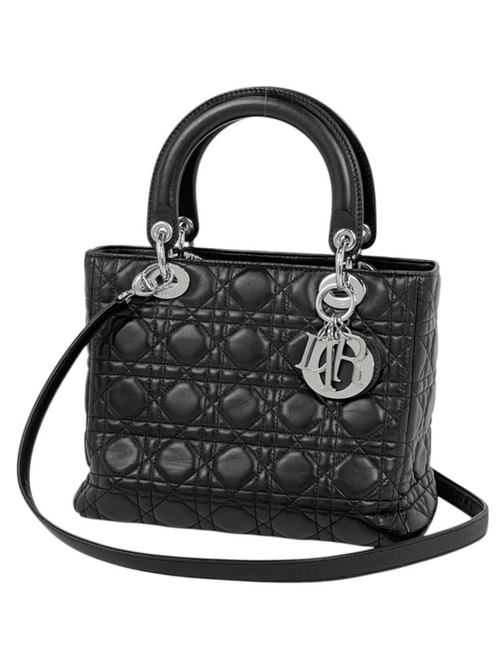 Dior Handbag Lady Cannage 2-Way Leather Black